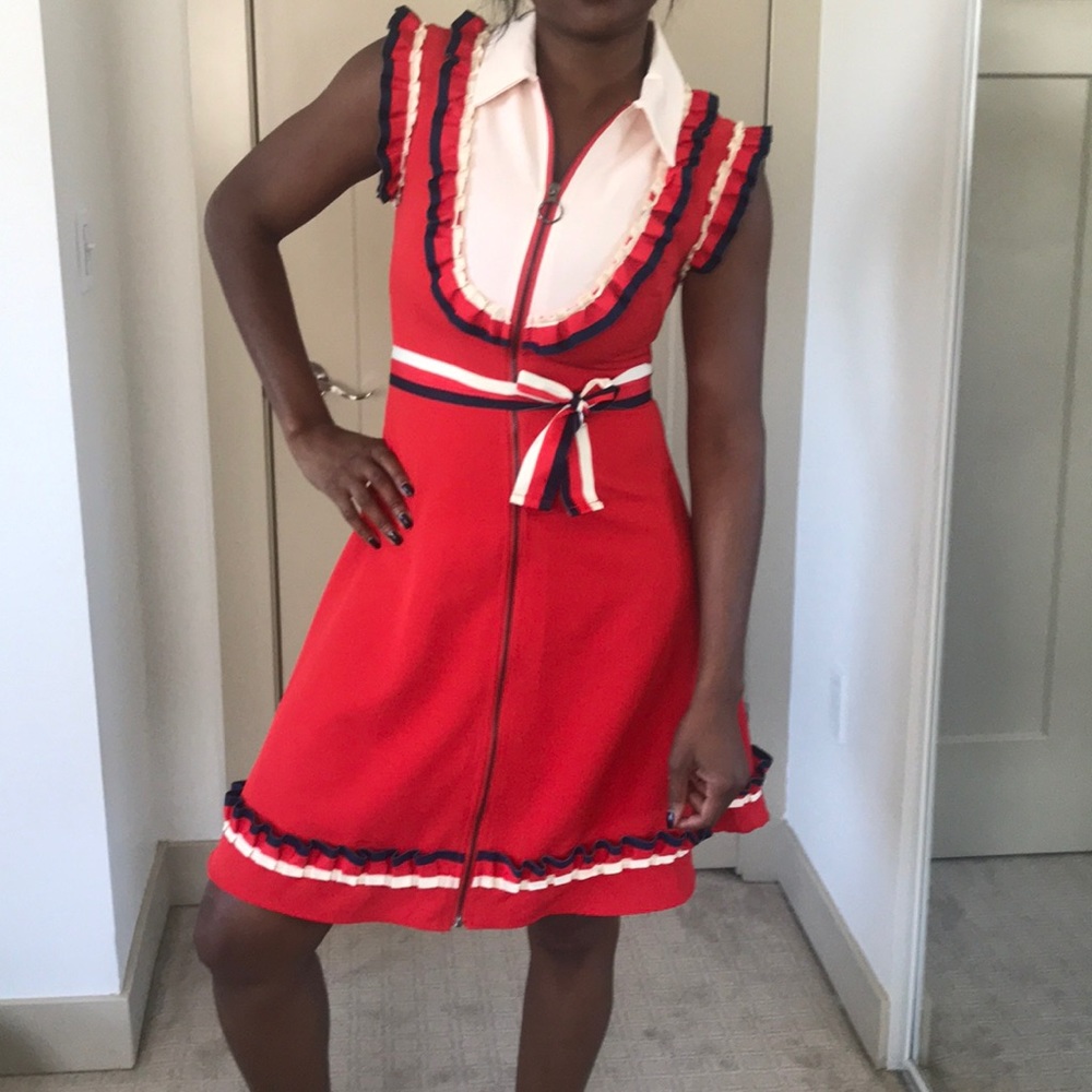 Red, Blue White zip-up dress.